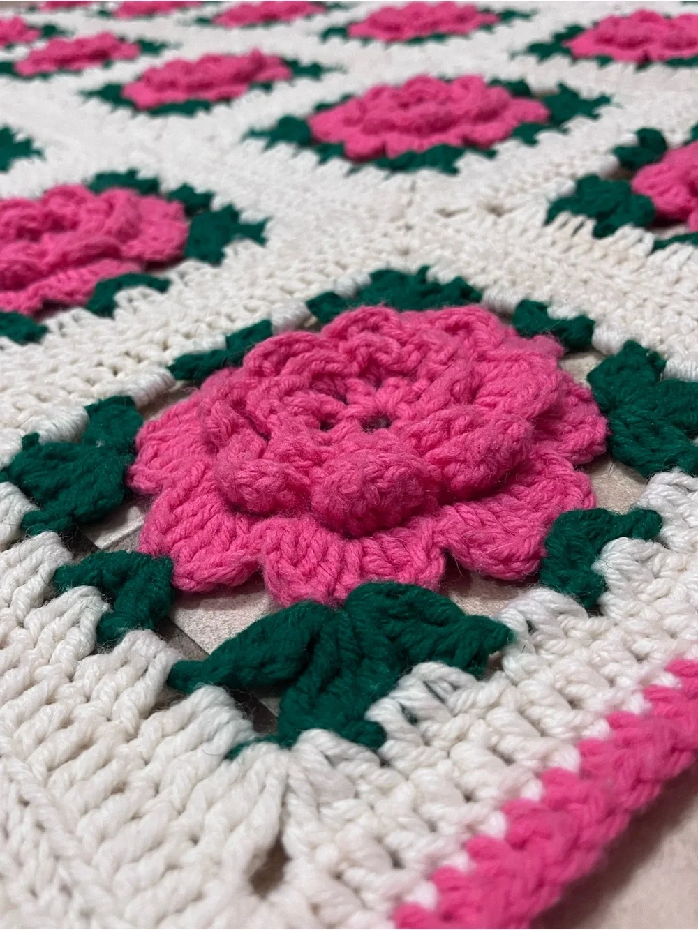 Handmade Crochet Rose Granny Square Throw Blanket Pink Floral Cottagecore 55x65